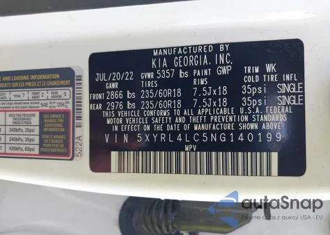 2022 Kia Sorento S z USA, uszkodzony, nr VIN 5XYRL4LC5NG140199